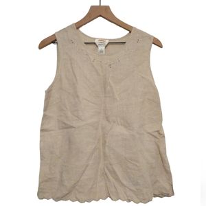 Vintage Talbots Irish Linen Embroidered Scalloped Trim Sleeveless Blouse Size M